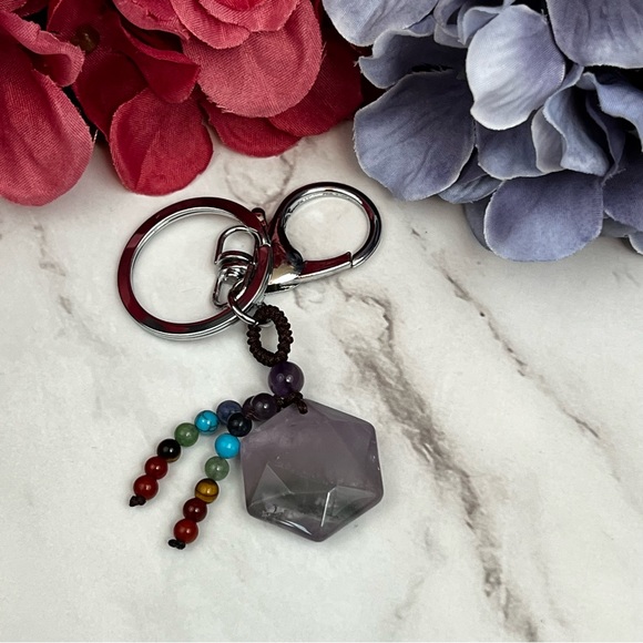 Natural Amethyst Hexagon Stone with Rainbow Chakra Keychain Charm - Picture 8 of 16